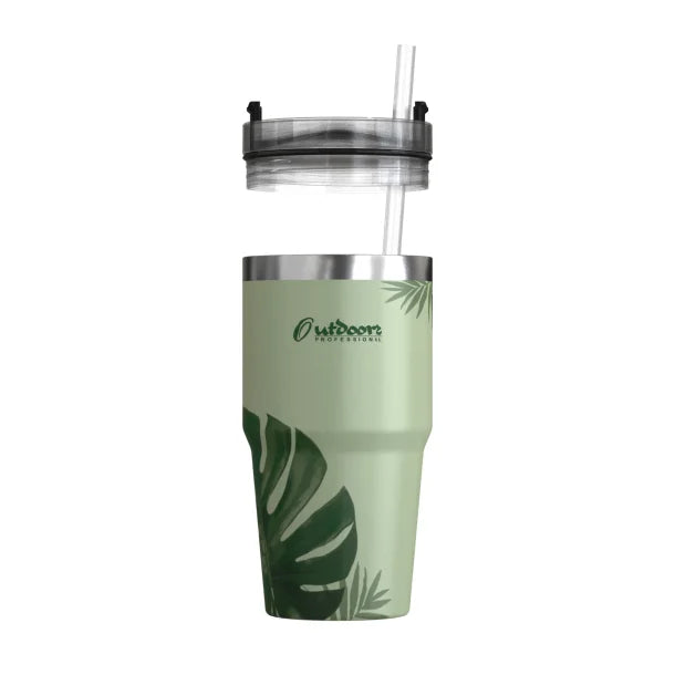 Outdoors Professional 20-Oz. Stainless Steel Double-Walled Insulated Tumbler with Straw (Tropical Green)