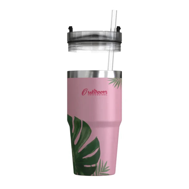 Outdoors Professional 20-Oz. Stainless Steel Double-Walled Insulated Tumbler with Straw (Tropical Pink)