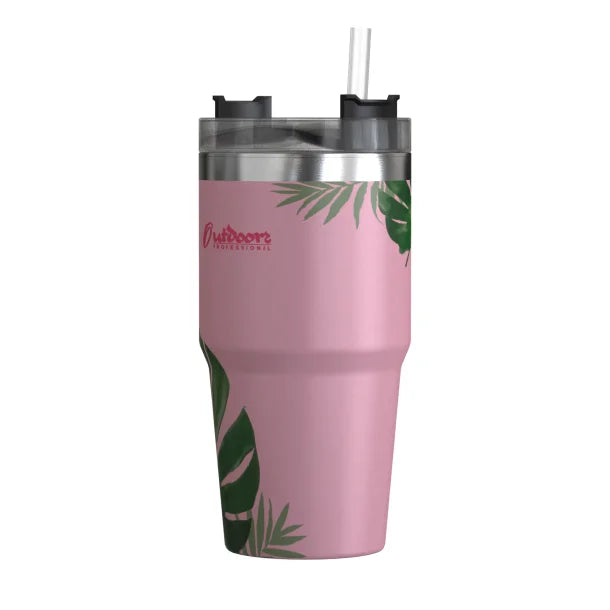 Outdoors Professional 20-Oz. Stainless Steel Double-Walled Insulated Tumbler with Straw (Tropical Pink)