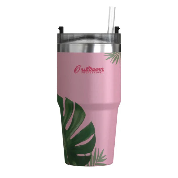 Outdoors Professional 20-Oz. Stainless Steel Double-Walled Insulated Tumbler with Straw (Tropical Pink)