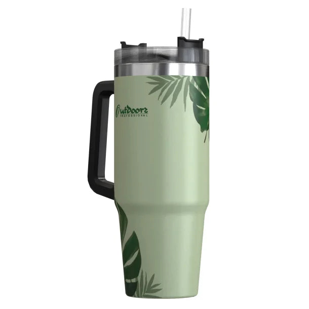 Outdoors Professional 30-Oz. Stainless Steel Double-Walled Insulated Tumbler with Straw (Tropical Green)