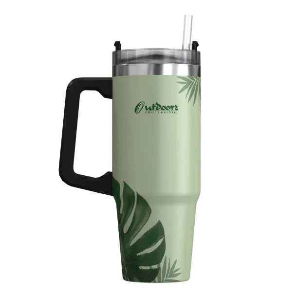 Outdoors Professional 30-Oz. Stainless Steel Double-Walled Insulated Tumbler with Straw (Tropical Green)