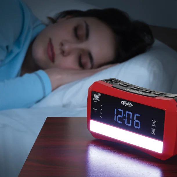 JENSEN® Digital AM/FM Weather Alarm Clock Radio with Weather Alert, Emergency Light, and Flashlight, Red, JEP-775