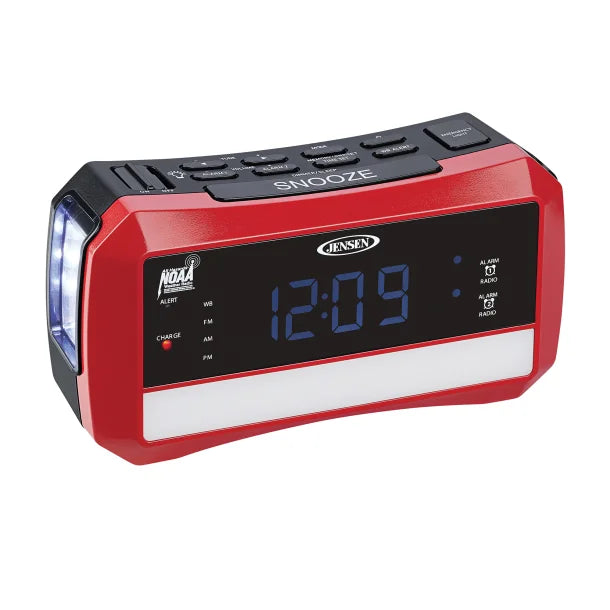 JENSEN® Digital AM/FM Weather Alarm Clock Radio with Weather Alert, Emergency Light, and Flashlight, Red, JEP-775