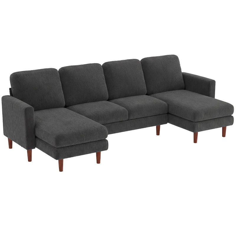 Sectional Sofa, Corduroy U Shaped Couch with Double Chaise and Spring Cushions, 2200lb Capacity, Dark Grey