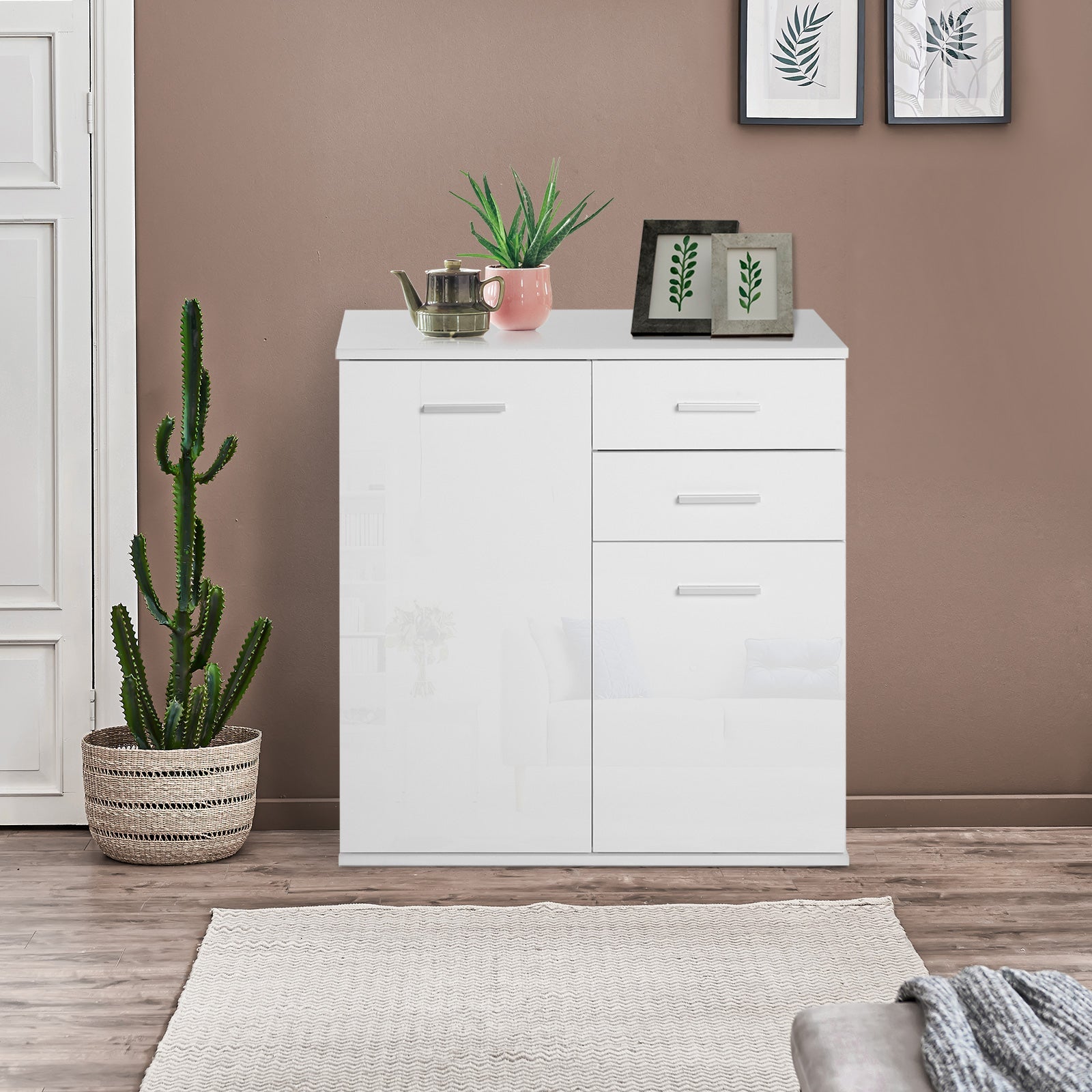 HOMCOM Storage Cabinet Console Sideboard Table Organizer with Drawers, Living Room Entryway Kitchen, White Simplicity 