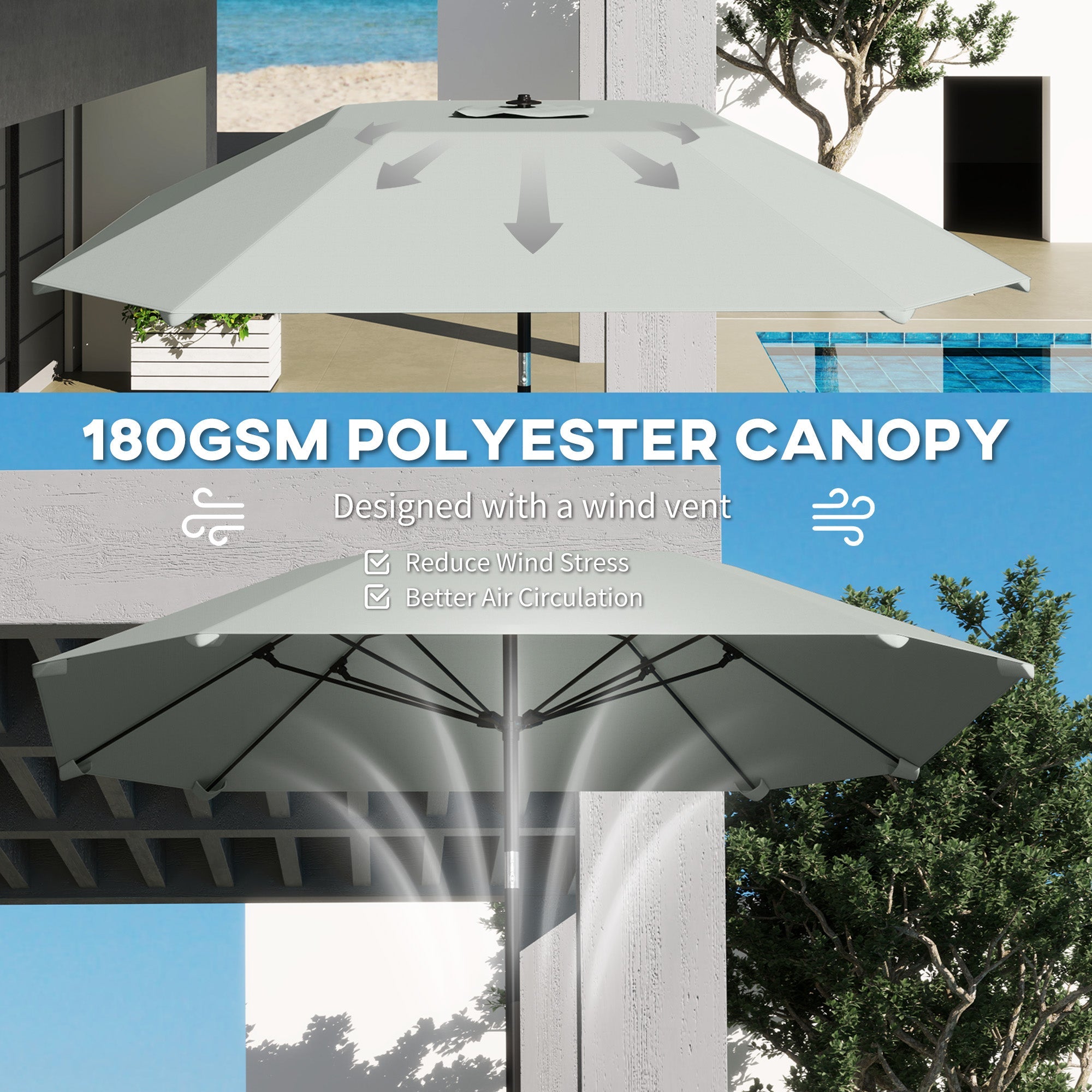 Outsunny 7.6FT Aluminum Patio Umbrella Parasol 8 Ribs Outdoor Market Umbrella with Crank, Push Button Tilt for Deck, Backyard and Lawn, Light Grey 