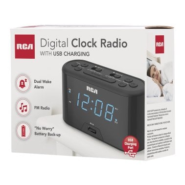 RCA Digital Radio Alarm Clock with Large Numbers and USB Charging, RC571