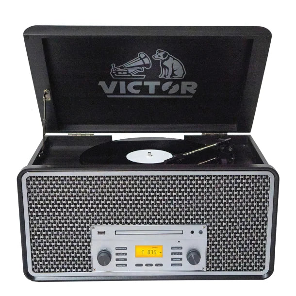 Victor® Monument Dual-Bluetooth® Belt-Drive 8-in-1 Music Center with Turntable, CD, and Cassette Player, VWRP-5000-GR