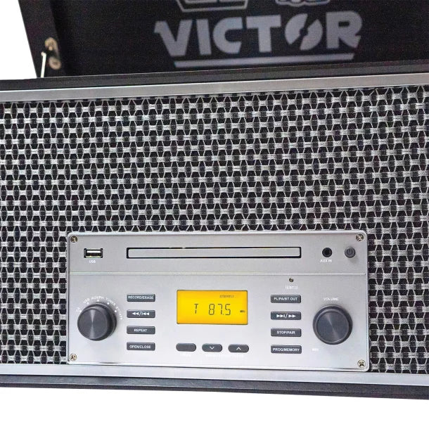 Victor® Monument Dual-Bluetooth® Belt-Drive 8-in-1 Music Center with Turntable, CD, and Cassette Player, VWRP-5000-GR