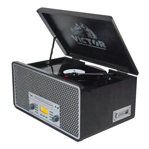 Victor® Monument Dual-Bluetooth® Belt-Drive 8-in-1 Music Center with Turntable, CD, and Cassette Player, VWRP-5000-GR