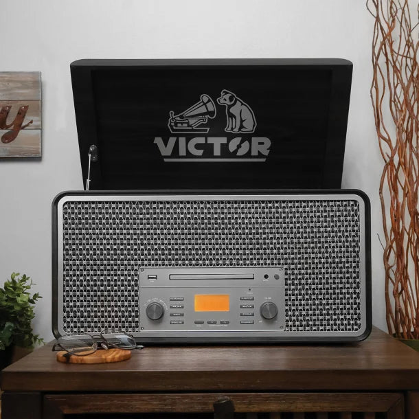 Victor® Monument Dual-Bluetooth® Belt-Drive 8-in-1 Music Center with Turntable, CD, and Cassette Player, VWRP-5000-GR