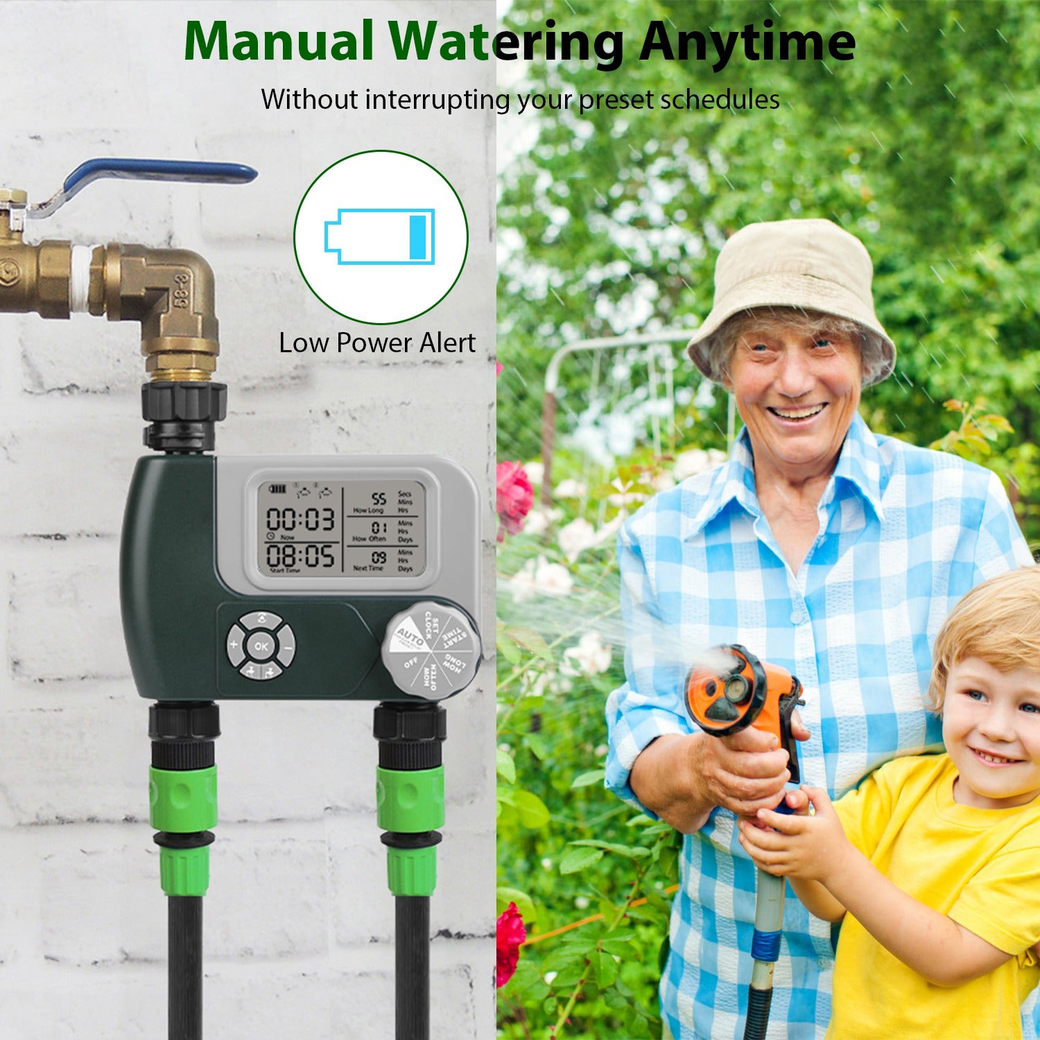 Sprinkler Timer with 2 Outlet Zones Digital Programmable Hose Faucet Timer Manual Automatic Watering Intelligent Drip Irrigation System for Garden Yar