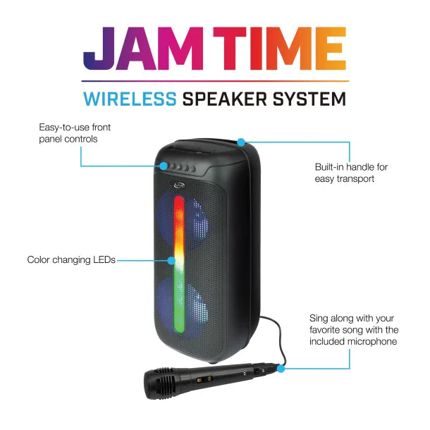 iLive Jam Time Portable Bluetooth® Speaker System with LED Lights, Microphone, and Speakerphone, True Wireless, Black, ISB293B