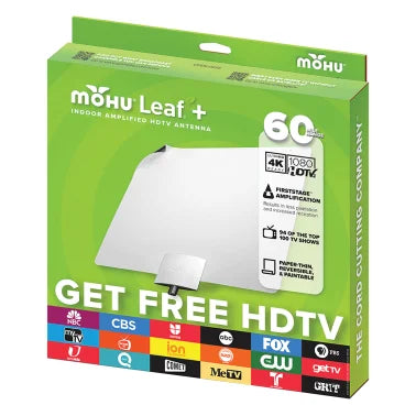 Mohu Leaf Plus Paper-Thin Indoor TV Antenna, Amplified, UHF VHF, 60-Mile Range, Multi-Directional, 4K 8K UHD, NEXTGEN TV - with 12-Ft. Cable