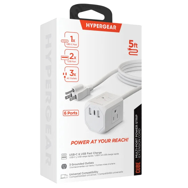 HyperGear® CUBE 6-Outlet Multi-Port Power Strip Extension Cord with 5-Ft. Cord, White, 15706