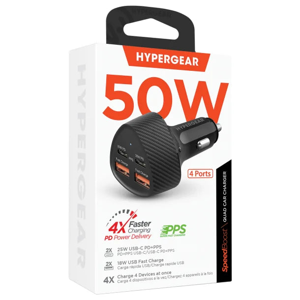 HyperGear® SpeedBoost 50-Watt Quad PD Car Charger, Black