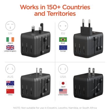 HyperGear® WorldCharge Universal Travel Adapter with USB/USB-C® (Black)