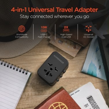 HyperGear® WorldCharge Universal Travel Adapter with USB/USB-C® (Black)