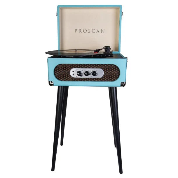 Proscan® Bluetooth® Belt-Drive Suitcase-Style Retro Turntable with FM Radio and Stand, Blue