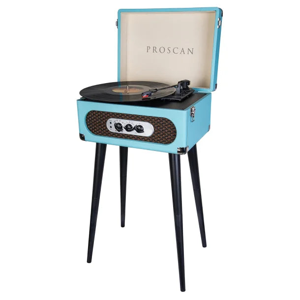 Proscan® Bluetooth® Belt-Drive Suitcase-Style Retro Turntable with FM Radio and Stand, Blue