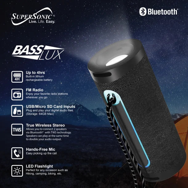 Supersonic® Portable Bluetooth® Speaker with LED Flashlight and Speakerphone, SC-2340BT (Black)