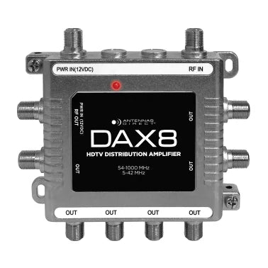 Antennas Direct DAX 8-Output TV Antenna Distribution Amplifier, Output to 8 TVs, CATV Systems, 4K 8K Ready - with Power Supply, Coaxial Cable (Silver)