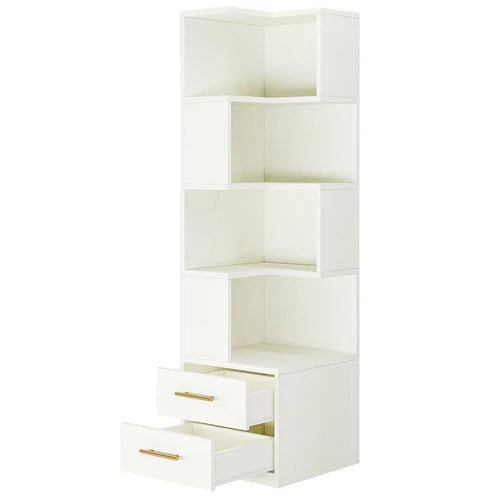 Corner Bookcase 66.9" L-Shaped Bookshelf 5-Tier Shelf with 2 Drawers White