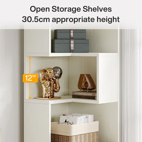 Corner Bookcase 66.9" L-Shaped Bookshelf 5-Tier Shelf with 2 Drawers White