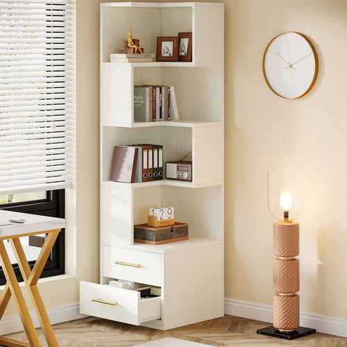 Corner Bookcase 66.9" L-Shaped Bookshelf 5-Tier Shelf with 2 Drawers White