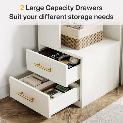Corner Bookcase 66.9" L-Shaped Bookshelf 5-Tier Shelf with 2 Drawers White