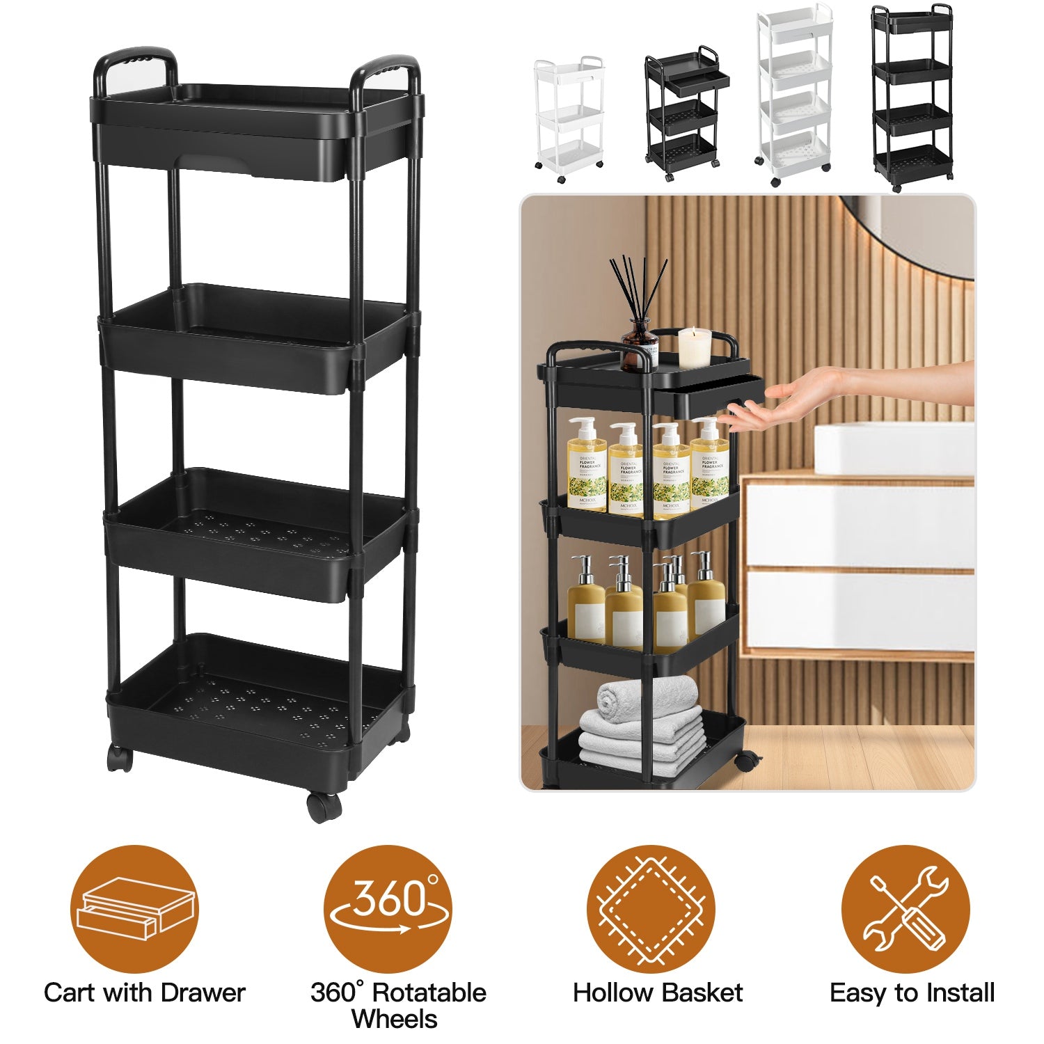 4 Tier Rolling Utility Cart Movable Storage Organizer with Drawer Lockable Wheels 360 Degree Rotatable Hallow Design for Bedroom Bathroom Kitchen 