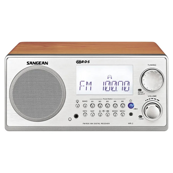 Sangean® Tabletop Retro Wooden-Cabinet Digital AM/FM/Clock Radio with Remote Walnut, WR-2