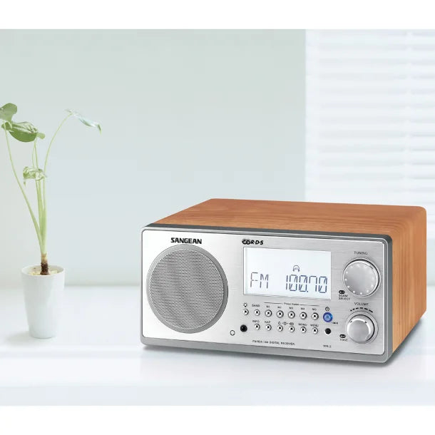 Sangean® Tabletop Retro Wooden-Cabinet Digital AM/FM/Clock Radio with Remote Walnut, WR-2