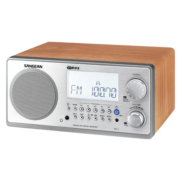 Sangean® Tabletop Retro Wooden-Cabinet Digital AM/FM/Clock Radio with Remote Walnut, WR-2