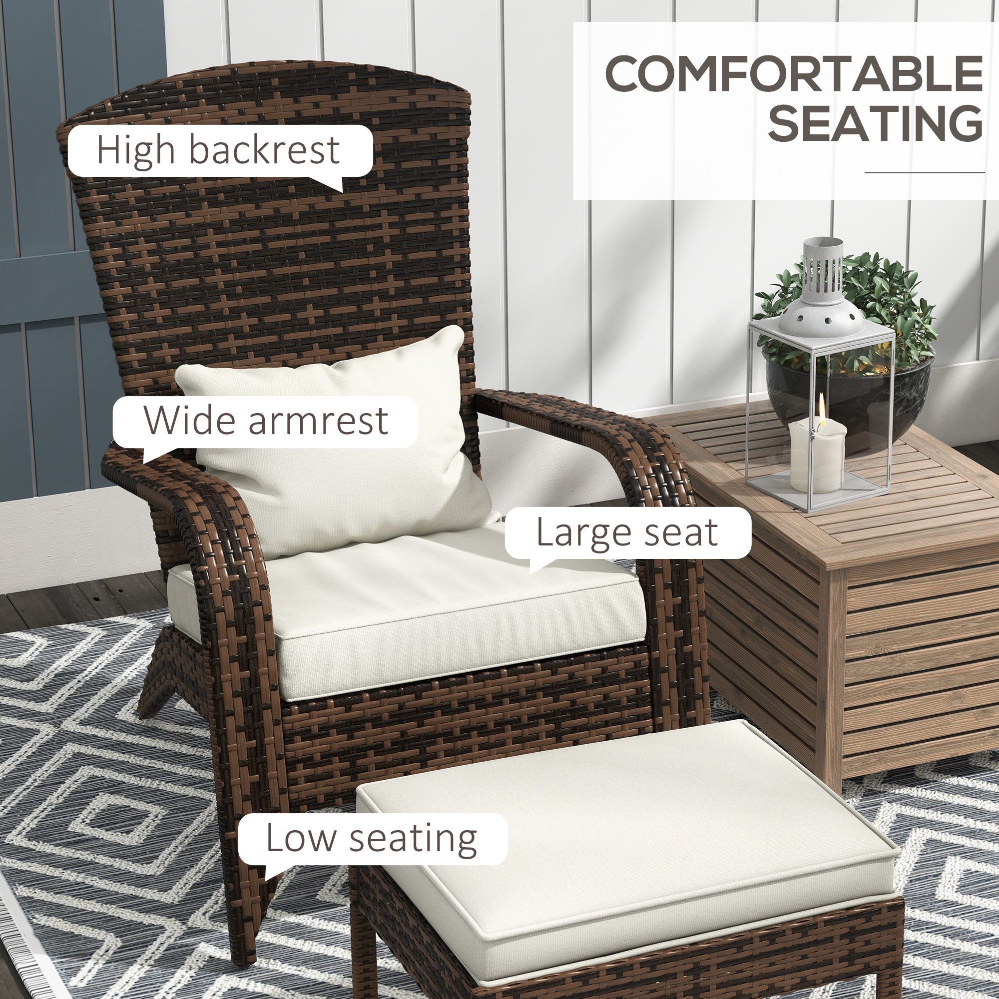 Outsunny Wicker Adirondack Chair with Ottoman, Patio Cushioned Muskoka Chair with Armrests Brown/Cream White 