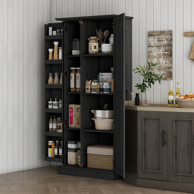 70" Tall Kitchen Pantry Cabinet with Door Shelves and Adjustable Shelves, Black Wood Grain