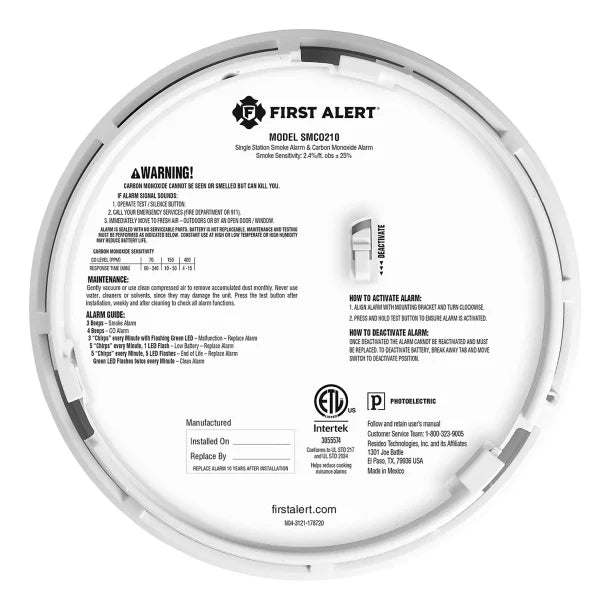 First Alert® SMCO210 Sealed 10-Year-Battery 2-in-1 Smoke and CO Alarm with Slim Profile