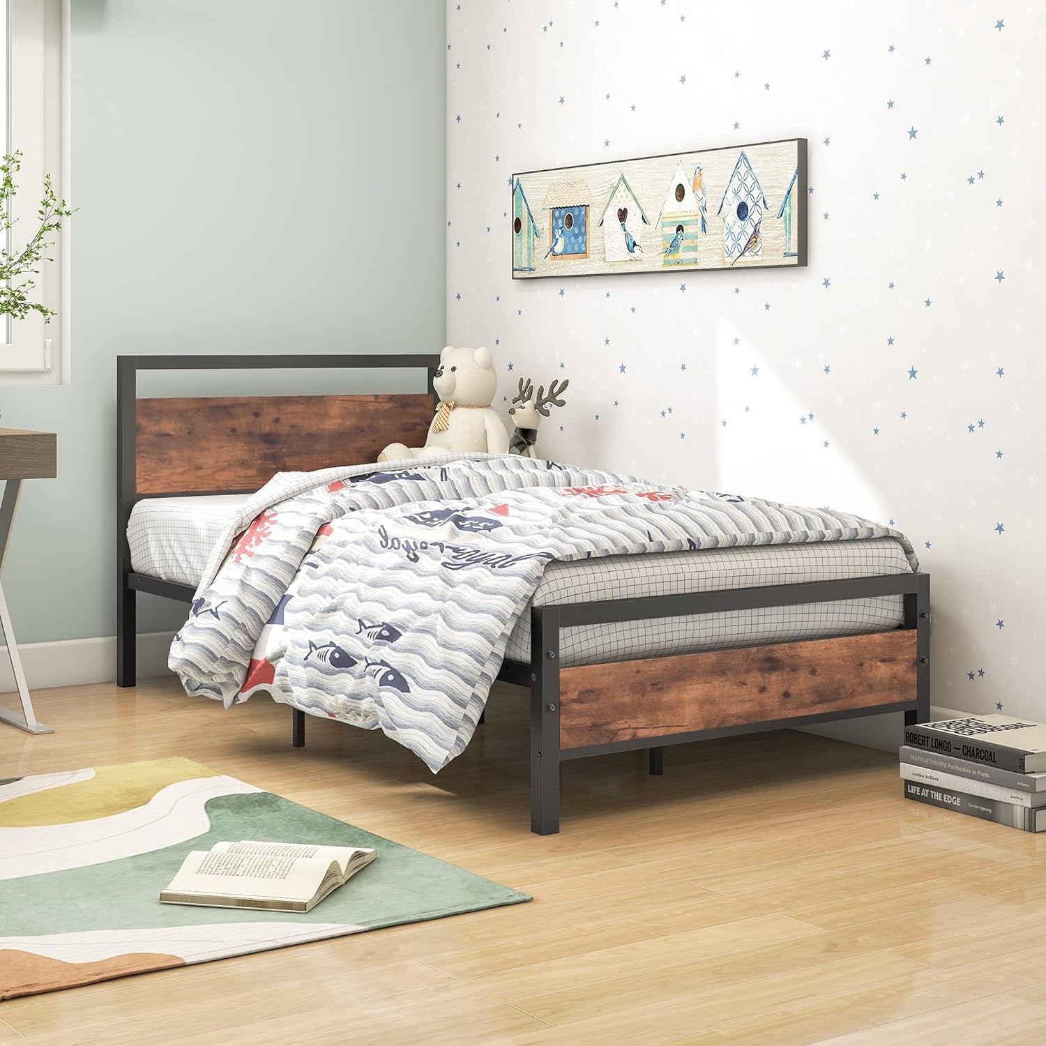 Metal Bed Frame Twin Size with Wood Headboard,Platform Bed Frame Twin No Box Spring Needed,Sturdy Reinforced Steel Slat,Rustic Brown