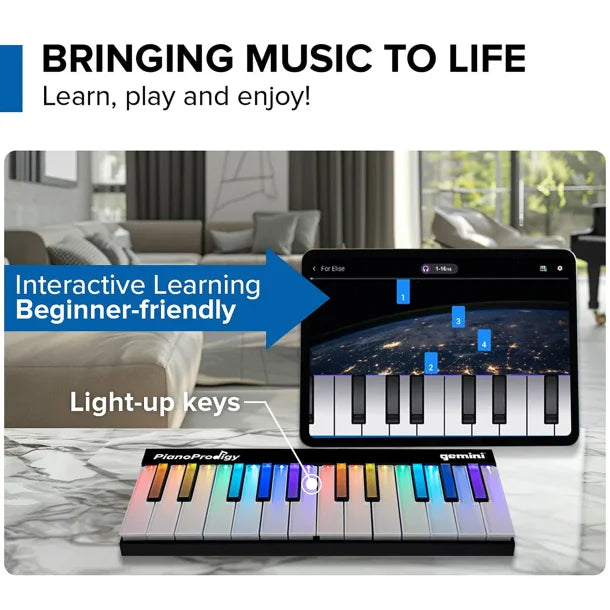 Gemini® GPP-101 PianoProdigy Expandable 24-Key Bluetooth® MIDI Learning Keyboard with Light-up Keys