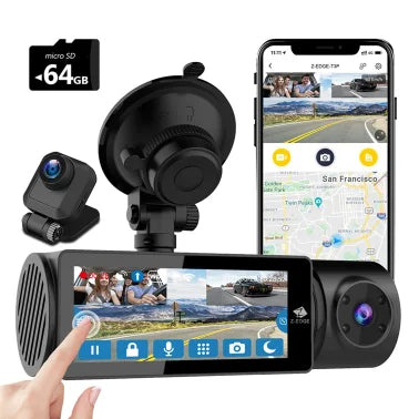 Z-EDGE™ T3P Triple Car Cameras for 4K Front, and 1080p Inside and Rear, 3-Channel Touch-Screen Dash Camera with Wi-Fi® and GPS