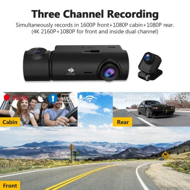 Z-EDGE™ T3P Triple Car Cameras for 4K Front, and 1080p Inside and Rear, 3-Channel Touch-Screen Dash Camera with Wi-Fi® and GPS