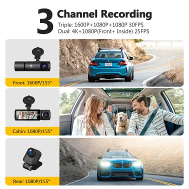 Z-EDGE™ T3P Triple Car Cameras for 4K Front, and 1080p Inside and Rear, 3-Channel Touch-Screen Dash Camera with Wi-Fi® and GPS