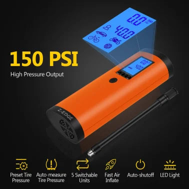 Z-EDGE™ ZA103 Combo 150-PSI Portable Air Inflator and 2,000-mAh Power Bank with Digital Display and Carrying Pouch (Orange)