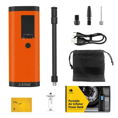 Z-EDGE™ ZA103 Combo 150-PSI Portable Air Inflator and 2,000-mAh Power Bank with Digital Display and Carrying Pouch (Orange)