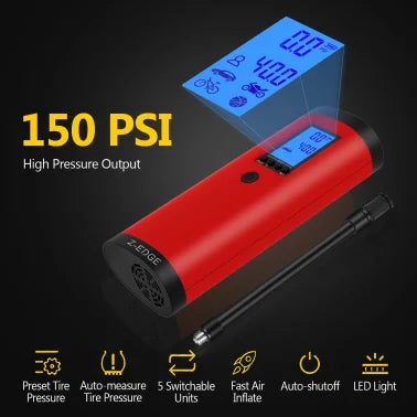 Z-EDGE™ ZA103 Combo 150-PSI Portable Air Inflator and 2,000-mAh Power Bank with Digital Display and Carrying Pouch (Red)