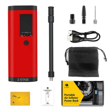 Z-EDGE™ ZA103 Combo 150-PSI Portable Air Inflator and 2,000-mAh Power Bank with Digital Display and Carrying Pouch (Red)