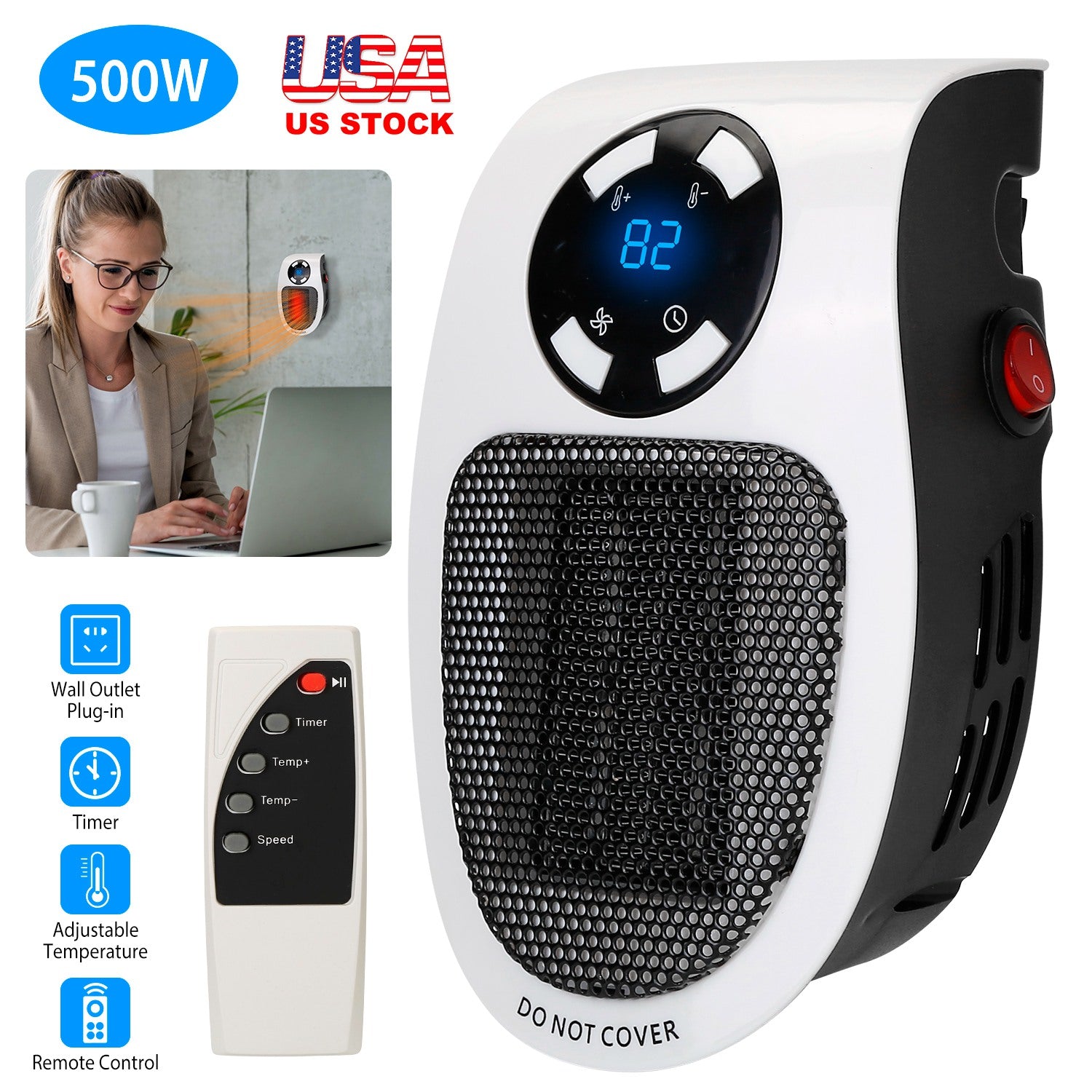 500W Portable Heater Fan Wall Outlet Space Heater Plug-in Heater Adjustable Temperature Auto Shut off w/ Remote Control