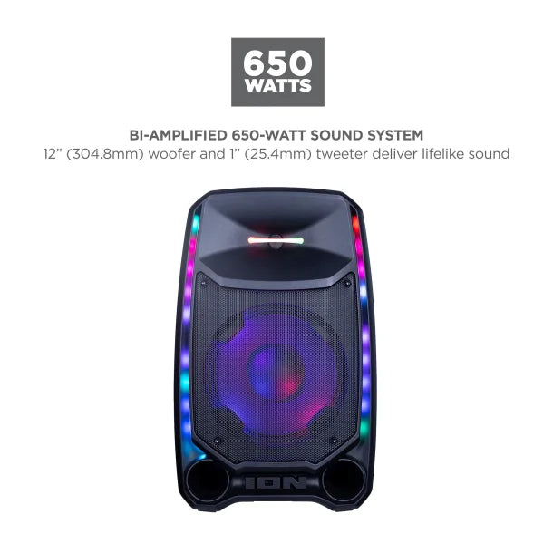 ION® Total PA™ Ultimate Portable Bluetooth® PA System with Edge-Glow™ Lights, Speaker Stand, and 2 Wired Microphones