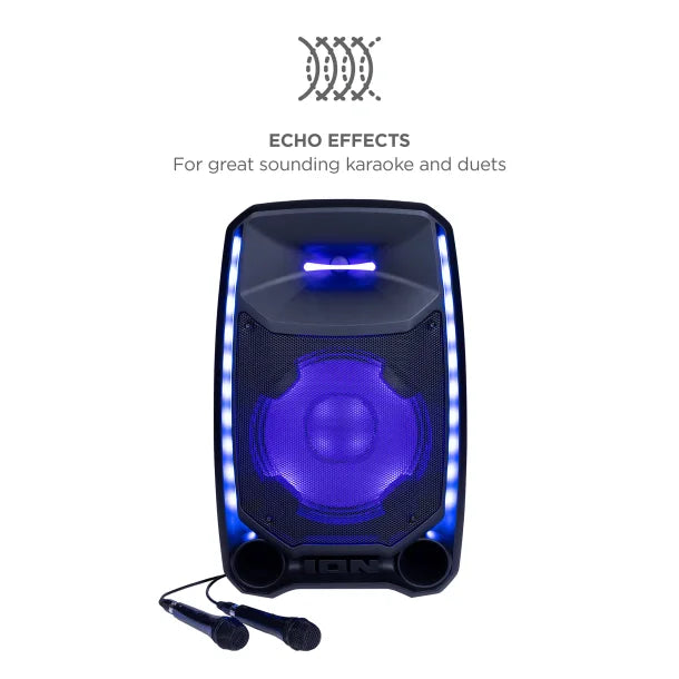 ION® Total PA™ Ultimate Portable Bluetooth® PA System with Edge-Glow™ Lights, Speaker Stand, and 2 Wired Microphones